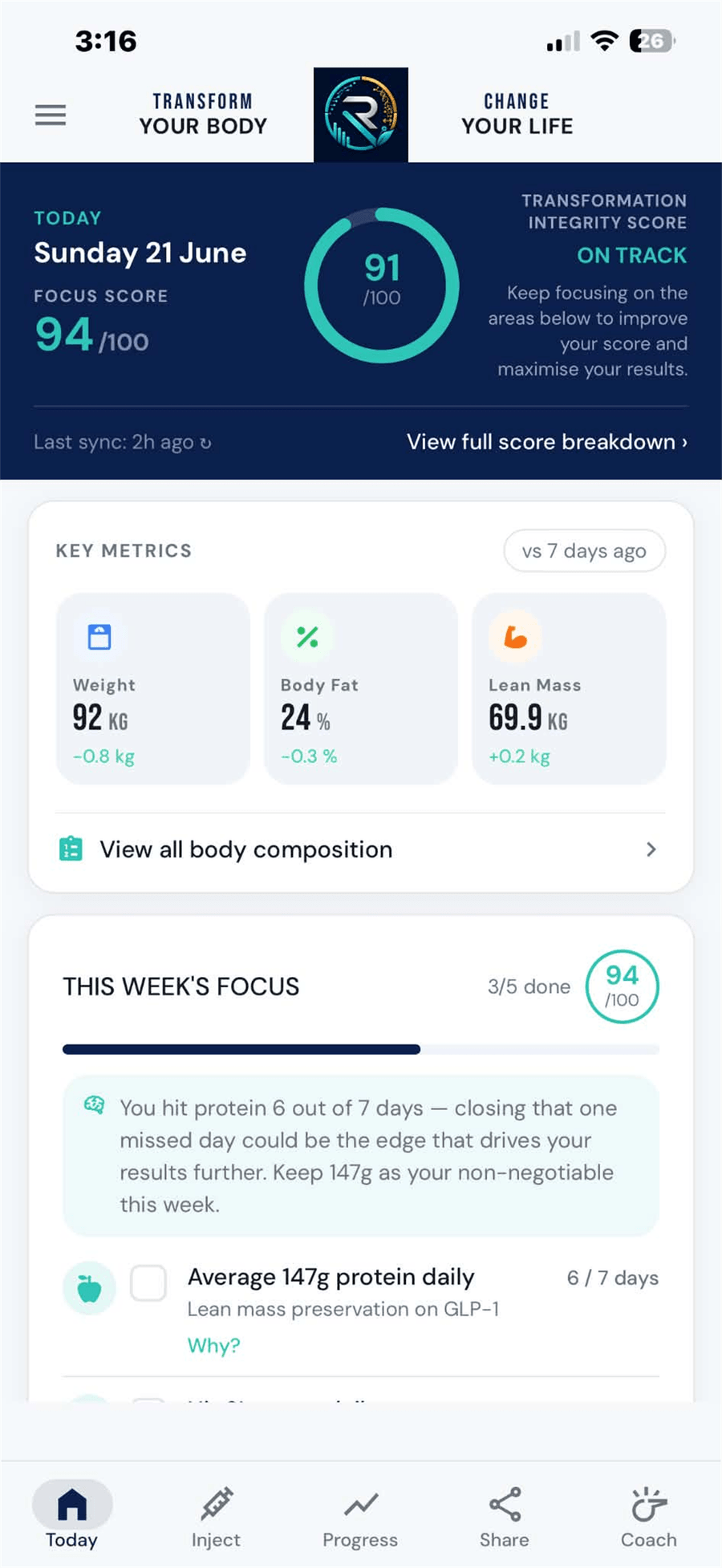 Recomp Health app dashboard